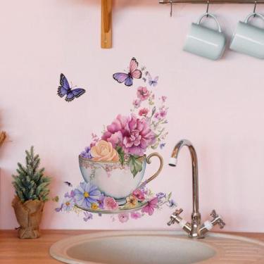 Imagem de Adesivos de parede Floral Teacup Vintage Flower Cup com borboleta - yi