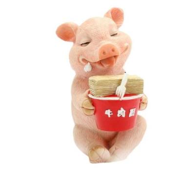 Imagem de Escultura: Porco de resina para decoração de jardim com macarrão 9x6,5