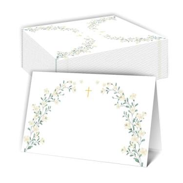 Imagem de DRWJPAT Cartões de batismo, cartão de nome floral para configuração de mesa, 25 cartões de mesa religiosos para jantar de batismo de primeira comunhão, decorações de presentes de batismo para meninas