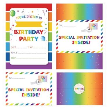 Imagem de EVBEA 24 peças de convites de festa de aniversário com envelopes coloridos cartões de convite e adesivos para meninas, meninos, crianças, decoração de festa suprimentos