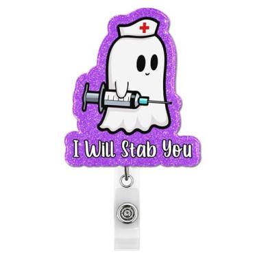 Imagem de Engraçado Enfermeira Fantasma Carretel Retrátil, I Will Stab You Bonito Porta-crachá com Clipe Jacaré, Presentes para Enfermeira Estudante de Enfermagem RN LPN CNA MA Trabalhador Médico