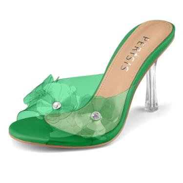 Imagem de Perisis Sandálias femininas de salto alto transparente, salto alto, preto, vermelho, floral, sexy, sem cadarço, bico aberto, strass, saltos deslizantes, sapatos de férias de verão, Verde, 40