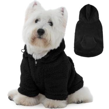 Imagem de IDOMIK Suéter Fuzzy Dog com capuz ajustável, suéter de lã quente para cachorro com orifício e bolso, pulôver para cães pequenos, moletom com capuz felpudo para outono inverno e Natal, preto, P