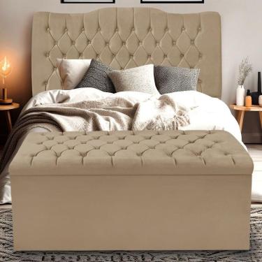 Imagem de Kit Cabeceira E Calçadeira Baú Dunas Queen 160 Cm - Veludo Bege Escuro