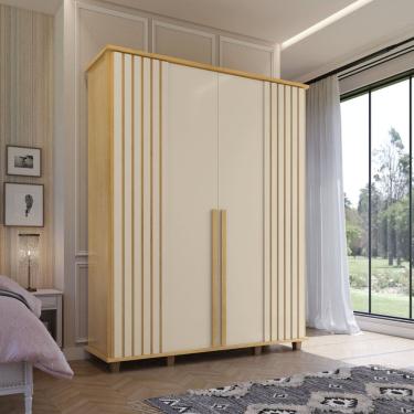 Imagem de Guarda-roupa Casal 4 Portas com Detalhe Ripado e 3 Gavetas Internas com 8 Pés Holanda Cinamomo / Off White