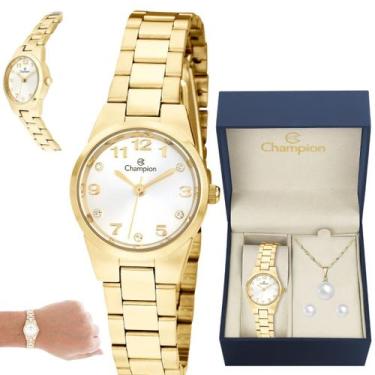 Imagem de Kit Relogio Champion feminino Dourado + Semi joia CH26846W