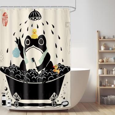 Imagem de LGhtyro Conjunto de cortina de chuveiro de sapo engraçado 137 cm L x 192 cm A estilo asiático bonito animal tomando banho arte japonesa tradicional bege borracha pato acessórios de banho sapo arte