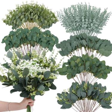 Imagem de ORIGACH 140 peças de folhas de eucalipto a granel 6 tipos de folhas artificiais mistas de folhas de eucalipto dólar prata conjunto de galhos de vegetação sintética para buquês faça você mesmo, vaso de