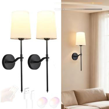 Imagem de LED Bateria Arandela USB Recarregável Luminárias de Parede com Controle Remoto Sombra de Tecido Iluminação de Parede Magnética Sem Fio para Quarto Sala de Estar Escada Corredor (Preto + Branco, 2