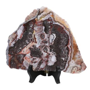 Imagem de Sportmusies Fatia de ágata mexicana natural com suporte de madeira, decoração de laje de cristal polido de forma irregular para escritório em casa, 400 g