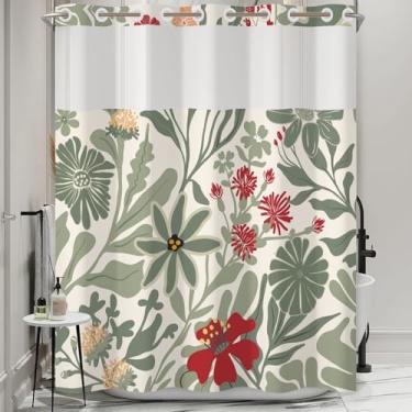 Imagem de NAEMBCU Cortina de chuveiro floral sem gancho e conjunto de forro de 188 x 182 cm - verde sálvia e flor vermelha Matisse, cortina de banho à prova d'água para banheiro moderno, decoração de hotel