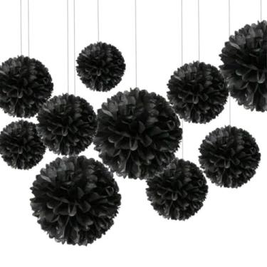 Imagem de 12 peças de bolas de flores de papel preto ornamentos decorativos para fundo de festa, Natal, dia dos namorados, ano novo, casamento, decoração de festival de aniversário