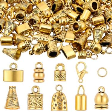 Imagem de SUNNYCLUE 1 caixa de 80 peças de tampas de cabo de couro com extremidades de cordão de couro dourado antigo Kumihimo suprimentos de pulseira fechos de garra de lagosta anéis de salto para kit de