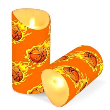 Imagem de Blueangle Pacote com 2 bolas de basquete amarelas velas sem chama com controle remoto e temporizador, velas LED cintilantes (7,6 cm x 15 cm) para decoração de casa, casamento, acampamento (636)