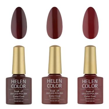 Imagem de HELEN COLOR Kit 3 Esmaltes em Gel UV/LED 10ml Cada Frasco Secagem Rápida Alta Durabilidade Acabamento Brilhante (Vermelho Escuro)