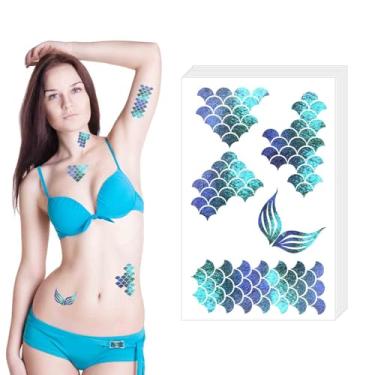 Imagem de 12 folhas de adesivos de tatuagens temporárias em escala de sereia, tatuagens temáticas de sereia, tatuagens em escala de rosto e corpo, para carnaval, festa, dramatização