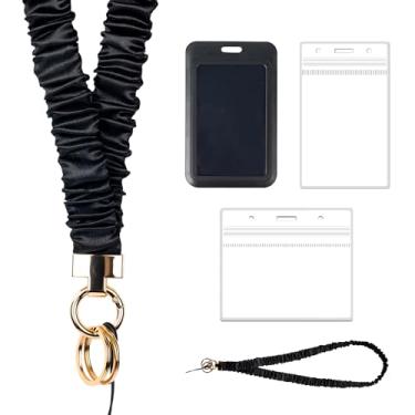 Imagem de Qoroos Scrunchie Cordão de professor para crachás de identidade, cordão retrátil com 3 porta-cartões de identificação, 2 anéis para chaveiros, para mulheres, professores, estudantes, fofos