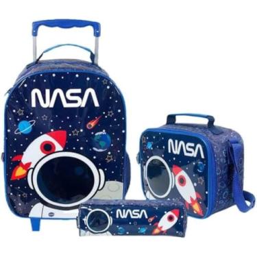 Imagem de Kit de Mochila Infantil Dermiwil com Rodinhas, Lancheira e Estojo Nasa