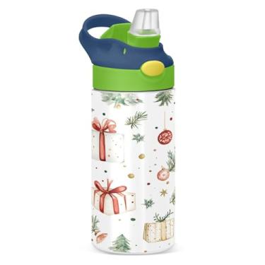 Imagem de YETTASBIN Garrafa de água de árvore de Natal para crianças, 340 g, à prova de vazamento, parede dupla, isolada, copo de viagem com tampa de canudo para meninas, meninos e crianças