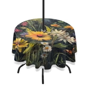 Imagem de CEBUGI Toalha de mesa redonda para uso ao ar livre, flores silvestres, impermeável, com furo Umberlla, capa de mesa lavável para pátio, cozinha, sala de jantar, 152 cm