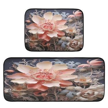 Imagem de Wassud Tapetes de cozinha de flores coloridas para decoração de casa, tapetes de cozinha acolchoados, antifadiga, tapetes de cozinha, antiderrapante, lavável, itens essenciais, conjunto de 2