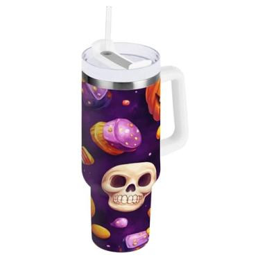 Imagem de STAYTOP Copo de abóbora e caveira de Halloween de 1,134 g com tampa e palha, copo isolado de aço inoxidável durável à prova de vazamento com alça, garrafas de água à prova de derramamento para viagens