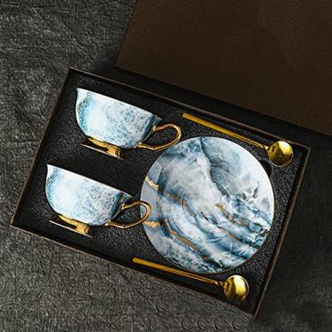 Imagem de Xícaras de café de cerâmica, conjunto de canecas de café de porcelana de luxo vintage estilo europeu, com xícara de café, pires, colher de chá, conjunto de chá da tarde para festa de café (B)