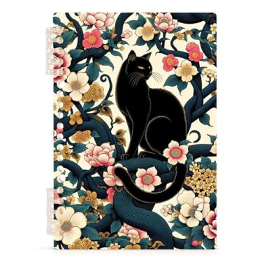 Imagem de Burbuja Caderno de gato preto com flores, papel pautado universitário A5 com 60 folhas, fichário para escritório, 1 pacote