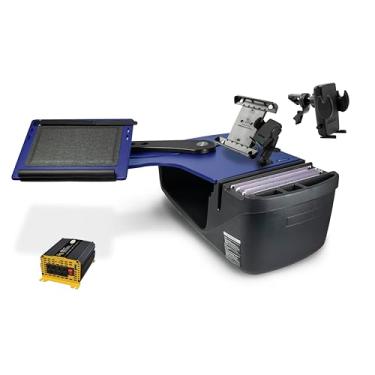 Imagem de AutoExec Alcance o banco traseiro da mesa para a estação de trabalho do seu veículo e escritório móvel, azul, com inversor de potência de 400 watts, suporte para telefone, suporte para tablet e clipe
