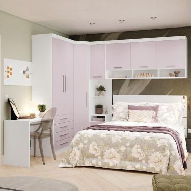 Imagem de Quarto De Canto Casal Com Guarda Roupas Cabeceira E Escrivaninha Alpes Luciane Móveis Branco Pf Com Rosa Pf