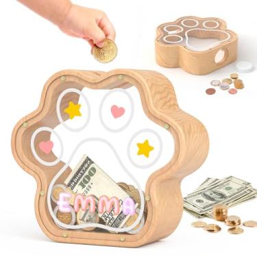 Imagem de KMC Cofrinho pequeno de madeira com garra de gato, pata de cachorro, cofrinho transparente para meninas, pequeno cofrinho inicial, presente personalizado para aniversário e festival (natural)