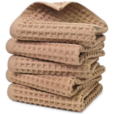 Imagem de Jacquotha Toalhas de mão de banheiro Waffle 5 peças (bronzeado) – Algodão, macio, leve, sem fiapos, 33 cm x 73 cm