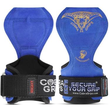 Imagem de (PRO Blue Leather) - Cobra Grips PRO Weight Lifting Gloves Heavy Duty Straps Alternative Power Lifting Hooks Best for Deadlifts Adjustable Neoprene Padded Wrist Wraps Support Bodybuilding