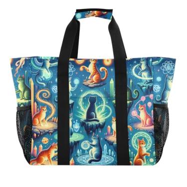 Imagem de ODAWA Magical Cats Bolsa de praia azul à prova d'água de lona à prova de areia para uso diário e férias, bolsa de verão portátil para férias, Gatos mágicos azuis, One Size