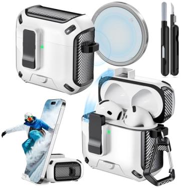 Imagem de JOREMX Capa para AirPods 4 (2024) com suporte de telefone, com interruptor de pressão automático, design de fibra de carbono, capa de proteção para AirPods 4 com cancelamento de ruído ativo