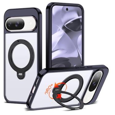 Imagem de RIASOLIN Capa compatível com Google Pixel 9/9 Pro com suporte de anel invisível rotativo de 360°, compatível com Mag-Safe, capa de telefone transparente com ótima sensação de aderência para mulheres e