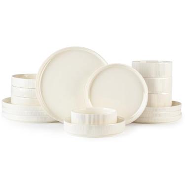 Imagem de TheTerra Conjuntos de louça de cerâmica com tigelas de macarrão para 4 peças, conjunto de pratos e tigelas leves de porcelana, resistente a arranhões, seguro para forno, micro-ondas e lava-louças