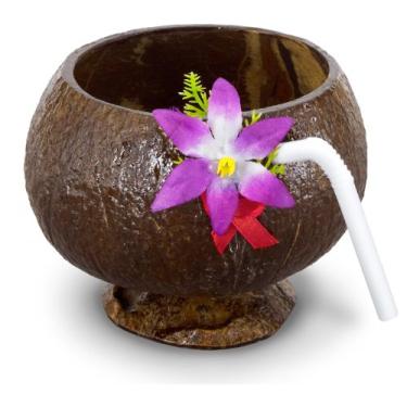 Imagem de Copo de coco (flor e canudo incluídos) Acessório de festa (1 unidade) (1/pacote)