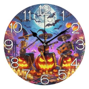 Imagem de GAIGEO Relógio de parede analógico decorativo operado por bateria relógio de cozinha rústico, decoração de sala de estar arte moderna desenhos animados esqueletos lanternas de Halloween, 25 cm