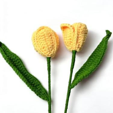 Imagem de LTGICH Tulipas de crochê, flores artificiais, acabamento feito à mão, tulipas tricotadas com folha e haste longa para decoração de centros de casa, dia dos namorados, aniversário de casamento (amarelo