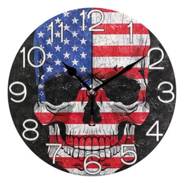 Imagem de Relógio de parede analógico decorativo relógio de cozinha rústico redondo sem tique-taque silencioso, sala de estar decoração de parede moderna caveira suja bandeira americana preta, 25 cm, ponteiros