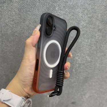 Imagem de Capa com alça de pulso magnética gradiente com efeito ondulação d'água para iPhone 12, 13, 14, 15, 16 Pro Max, fosca, translúcida e à prova de choque, preta, para iPhone 12 Pro