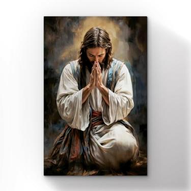 Imagem de Quadro Decorativo Religioso Jesus em Oração, Pintura Artística em Tela, Estilo Clássico, 90x60 cm