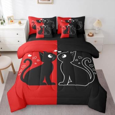 Imagem de Jogo de cama casal com 7 peças de gato preto fofo (vermelho e preto) | Jogo de cama com gatos românticos para o Dia dos Namorados com lençol kawaii, com enchimento de edredom com coração vermelho