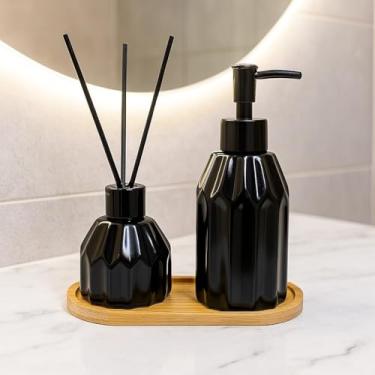 Imagem de Kit Banheiro Lavabo em Cerâmica com Dispenser para Sabonete Líquido e Porta Escova de Dente Decorativo(PRETO ELIPSE)