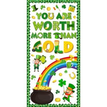 Imagem de AIBIIN Feliz Dia de São Patrício Capa Banner You Are Worth More Than Gold St.Patrick's Day Banner Rainbow Gold Shamrock Lucky Clover Decorações de festa do Dia de São Patrício 90 x 187 cm