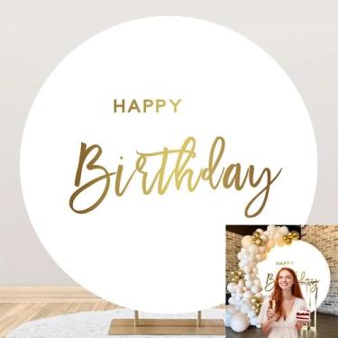 Imagem de OERJU Capa de fundo redonda branca feliz aniversário dourado placa de feliz aniversário pano de fundo para crianças adultos decoração de festa de aniversário círculo suporte capa de bolo mesa banner