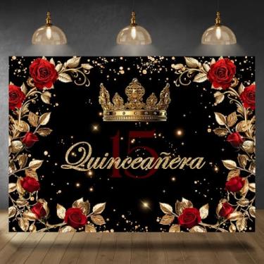 Imagem de Rsuuinu Quinceanera Pano de fundo de aniversário de 15 anos para meninas, coroa de princesa, vermelho, rosa, floral, ouro, folhas de marmelo, fundo fotográfico, decoração de festa de aniversário