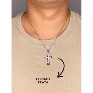 Imagem de Cordão Corrente 50cm Pingente Cruz Crucifixo Reza Pai Nosso Prata Dourado Aço Inox-Unissex