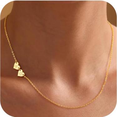Imagem de Colar feminino banhado a ouro 14K delicado com duas iniciais de coração delicado corrente ajustável moderna joias personalizadas presentes de aniversário para mãe, melhor amiga e filha, 16+2.5", Latão